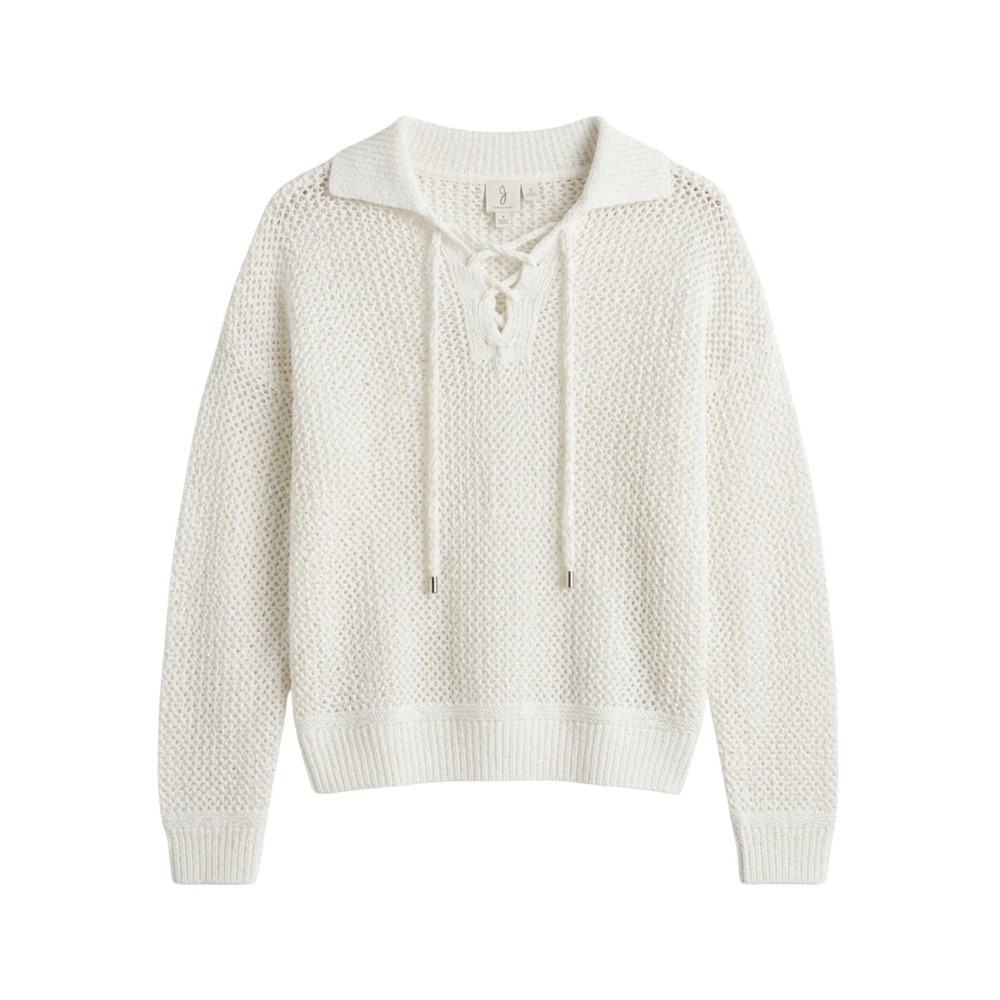 NWT Joie Womens White Open Knit Sequin Lace Up Polo Collar Sweater Size L